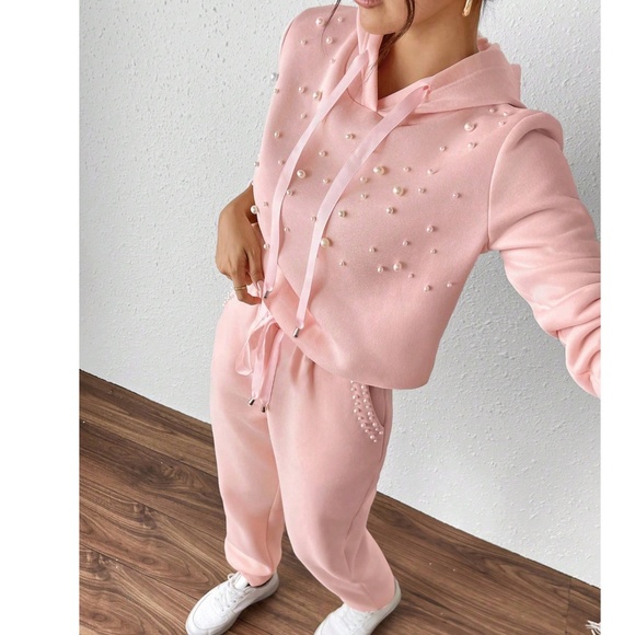 Cozy Fleece Lined Faux Pearl Hoodie Jogger Pants Set - Picture 3 of 12